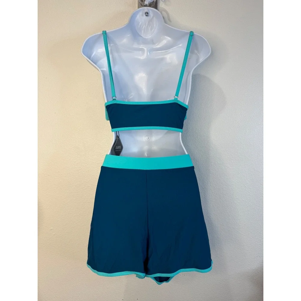 Zaful Womens Teal Turquoise Contrast Trim Bikini Top and Swim Shorts Set 2XL
